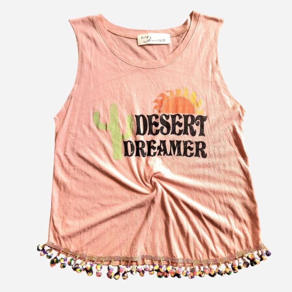 Vintage Havana Desert Dreamer Western Graphic tank top with colorful poms pomsq